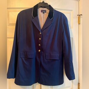 Navy blue EOUS Ladies Dressage coat, with black velvet collar and gray piping.